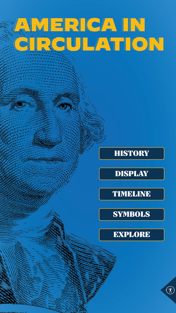 Home screen with an engraved portrait and five section buttons