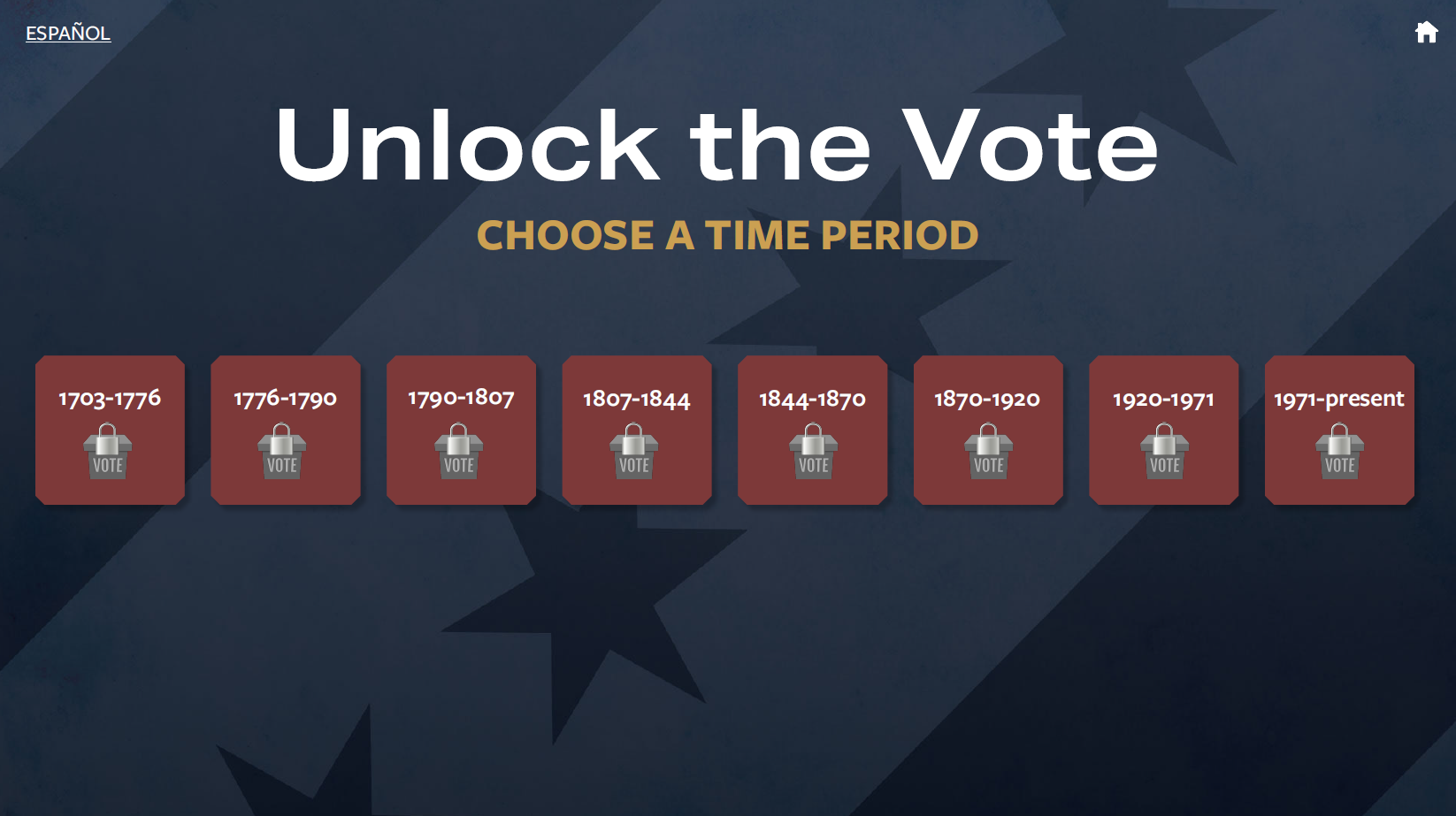 Choose a time period screen with eight locked ballot boxes